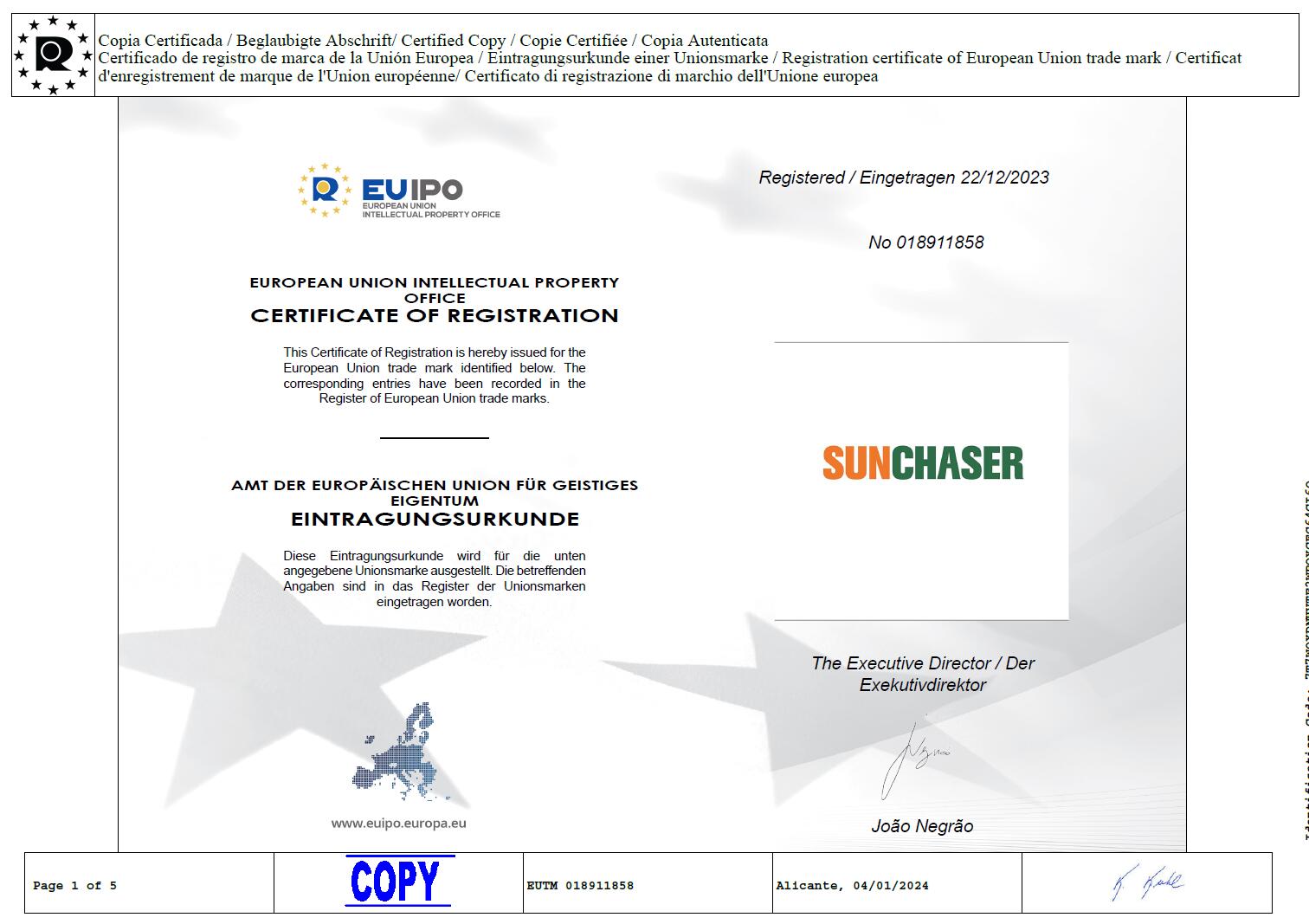 TIANTECH SOLAR GROUP จดทะเบียนเครื่องหมายการค้า SUNCHASER ในยุโรปได้สำเร็จ